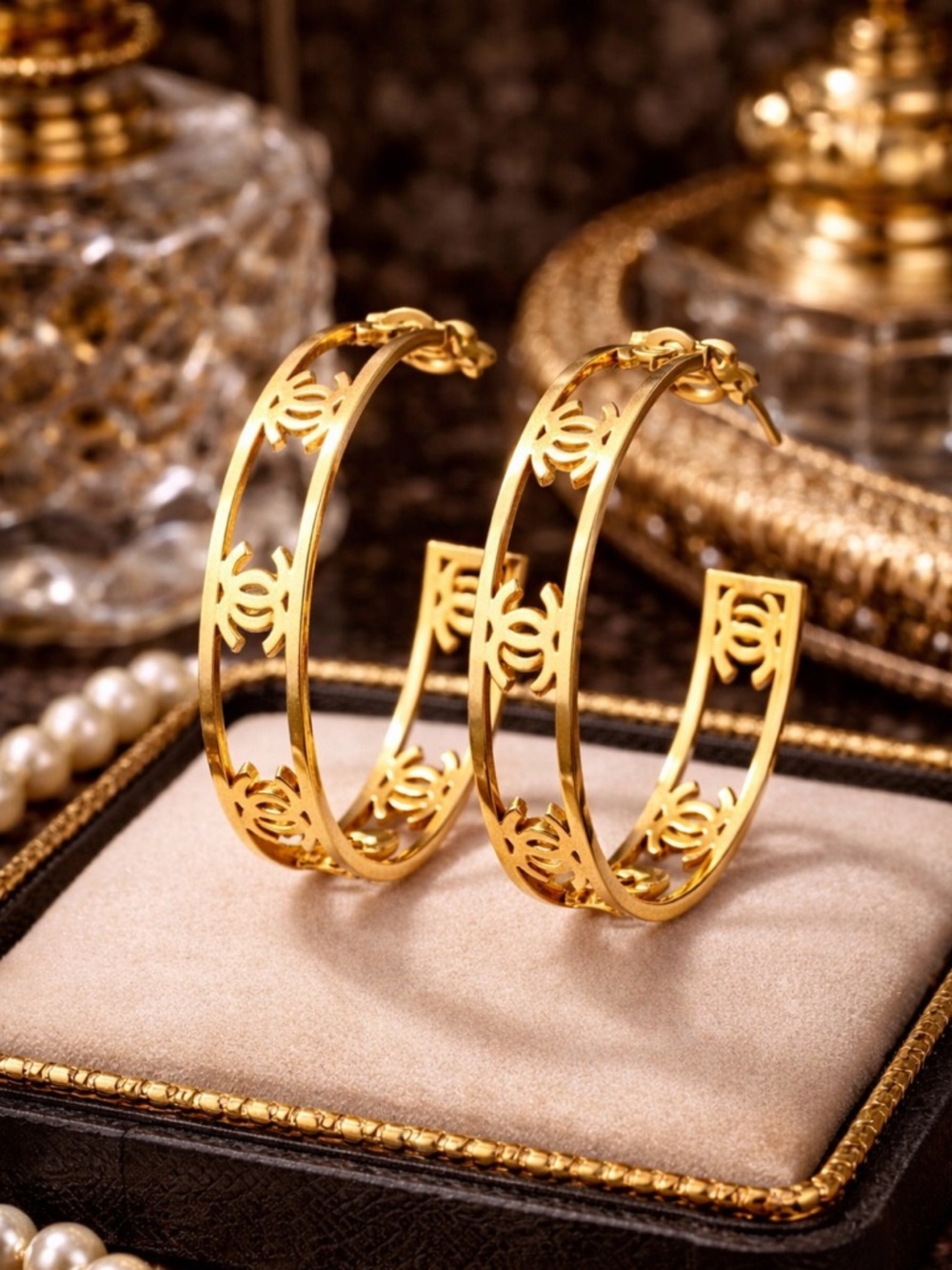 Designer Inspired Gold Tone CC Cutout Hoop Earrings | Glam Statement Luxe Chic